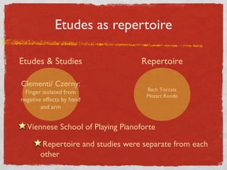 Etudes as repertoire
Viennese School of Playing Pianoforte
Repertoire and studies were separate from each
other
Clementi/ Czerny:
Finger isolated from
negative effects by hand
and arm
Etudes & Studies
Bach Toccata
Mozart Rondo
Repertoire
 