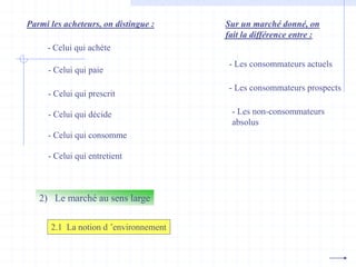 Parmi les acheteurs, on distingue :
- Celui qui achète
- Celui qui paie
- Celui qui consomme
- Celui qui entretient
- Celui qui décide
- Celui qui prescrit
Sur un marché donné, on
fait la différence entre :
- Les consommateurs actuels
- Les consommateurs prospects
- Les non-consommateurs
absolus
2.1 La notion d ’environnement
2) Le marché au sens large
 