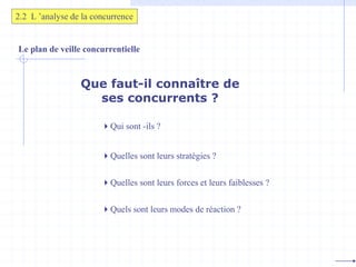 Le plan de veille concurrentielle
Que faut-il connaître de
ses concurrents ?
Qui sont -ils ?
Quelles sont leurs stratégies ?
Quels sont leurs modes de réaction ?
Quelles sont leurs forces et leurs faiblesses ?
2.2 L ’analyse de la concurrence
 