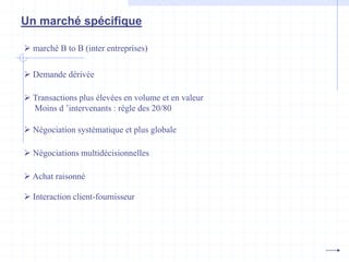 Un marché spécifique
 marché B to B (inter entreprises)
 Demande dérivée
 Négociation systématique et plus globale
 Négociations multidécisionnelles
 Achat raisonné
 Interaction client-fournisseur
 Transactions plus élevées en volume et en valeur
Moins d ’intervenants : règle des 20/80
 