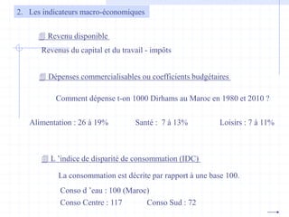2. Les indicateurs macro-économiques
 Revenu disponible
Revenus du capital et du travail - impôts
 Dépenses commercialisables ou coefficients budgétaires
Comment dépense t-on 1000 Dirhams au Maroc en 1980 et 2010 ?
Alimentation : 26 à 19% Santé : 7 à 13% Loisirs : 7 à 11%
 L ’indice de disparité de consommation (IDC)
La consommation est décrite par rapport à une base 100.
Conso d ’eau : 100 (Maroc)
Conso Centre : 117 Conso Sud : 72
 