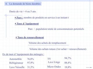 4. La demande de biens durables
Durée de vie > 4 ou 5 ans
 Parc : nombre de produits en service à un instant t
 Taux d ’équipement
Parc / population totale de consommateurs potentiels
 Taux de renouvellement
Volume des achats de remplacement
Volume des achats totaux (1er achat + renouvellement)
Ex de taux d ’équipement des ménages :
Automobile 76,8% TV 94,7%
Réfrigérateur 97,9% Lave Linge 88,4%
Lave Vaisselle 31,5% Micro Ondes 18,8%
 