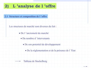 2) L ’analyse de l ’offre
2.1 Structure et composition de l ’offre
Les structures de marché sont diverses du fait :
 De l ’ancienneté du marché
 Du nombre d ’intervenants
 De son potentiel de développement
 De la réglementation et de la présence de l ’Etat
Tableau de Stackelberg
 
