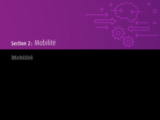 Section 2 : Mobilité
Mobilité
Nom / mo•bi•li•té /
Tendance vers un changement dans les habitudes de travail où davantage d’employés vaquent à leurs occupations
professionnelles à l’extérieur du bureau à l’aide d’appareils mobiles et de services infonuagiques.
 