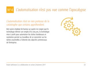 Étude Softchoice | La collaboration en action | Automne 2017 22
L’automatisation n’est en rien porteuse de la
catastrophe que certains appréhendent.
Bien qu’un employé de bureau sur quatre ne craigne que la
technologie élimine son emploi d’ici cinq ans, la technologie
mise à profit pour automatiser les tâches fastidieuses et
routinières permet au travailleur de se concentrer sur les
tâches essentielles à l’atteinte des objectifs commerciaux
de l’entreprise.
NO 4 L’automatisation n’est pas vue comme l’apocalypse
 