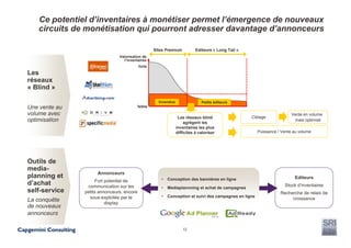 Ce potentiel d’inventaires à monétiser permet l’émergence de nouveaux
   circuits de monétisation qui pourront adresser davantage d’annonceurs

                                                    Sites Premium           Editeurs « Long Tail »
                               Valorisation de
                                 l’inventaires
                                           forte
Les
réseaux
« Blind »

                                                      Invendus                 Petits éditeurs
Une vente au                               faible

volume avec                                                                                                              Vente en volume
                                                                  Les réseaux blind                  Ciblage
optimisation                                                          agrègent les
                                                                                                                           mais optimisé
                                                                 inventaires les plus
                                                                 difficiles à valoriser                 Puissance / Vente au volume




Outils de
media-
                     Annonceurs
planning et                                            •   Conception des bannières en ligne                              Editeurs
                    Fort potentiel de
d’achat         communication sur les                                                                                Stock d’inventaires
                                                       •   Mediaplannning et achat de campagnes
self-service   petits annonceurs, encore                                                                           Recherche de relais de
                 sous-exploités par le                 •   Conception et suivi des campagnes en ligne
La conquête                                                                                                             croissance
                         display
de nouveaux
annonceurs

                                                                     12
 