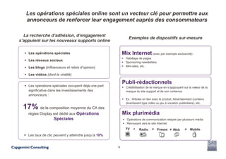 Les opérations spéciales online sont un vecteur clé pour permettre aux
   annonceurs de renforcer leur engagement auprès des consommateurs

  La recherche d’adhésion, d’engagement
                                                                Exemples de dispositifs sur-mesure
s’appuient sur les nouveaux supports online

    Les opérations spéciales                                Mix Internet (avec par exemple exclusivité) :
                                                              Habillage de pages
    Les réseaux sociaux
                                                              Sponsoring newsletters
    Les blogs (influenceurs et relais d’opinion)              Mini-sites, etc.

    Les vidéos (dont la viralité)

                                                            Publi-rédactionnels
    Les opérations spéciales occupent déjà une part           Crédibilisation de la marque en s’apppuyant sur la valeur de la
    significative dans les investissements des                marque du site support et de son contenua
    annonceurs :
                                                              Ex : Articles en lien avec le produit, Advertainment (contenu
                                                              divertissant type vidéo ou jeu à vocation publicitaire), etc.
 17% de la composition moyenne du CA des
    régies Display est dédié aux Opérations                 Mix plurimédia
                     Spéciales                                 Opérations de communication relayée par plusieurs média
                                                               Renvoyant vers le site Internet
                                                              TV   +    Radio     + Presse + Web           + Mobile
    Les taux de clic peuvent y atteindre jusqu’à 10%


                                                       14
 