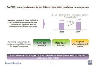 En 2009, les investissements sur Internet devraient continuer de progresser


                                                          Evolution du marché de la communication online en
                                                                          France (M€ nets)

Malgré un contexte de faible visibilité, la                        2000                   2300
 croissance est attendue positive pour                                        +14 %
   l’ensemble des segments, avec un
 resserrement des taux de croissance


                                                                    2008                   2009




 Cependant, on assistera à des                                                            Logique
                                         Santé des            Maturité sur
comportements différents selon                                                       d’investissement
    les types d’annonceurs
                                         secteurs              internet
                                                                                           online



    Internet devrait de nouveau voir sa part de marché croître au sein du marché
                              publicitaire pluri-média

                                                     18
 