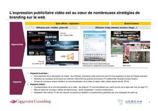 L’expression publicitaire vidéo est au cœur de nombreuses stratégies de
branding sur le web
                                            Spot offline « digitalisé »                                                         Brand Content
                      Diffusion pré-, middle-, post-roll                                     Diffusion virale (réseaux sociaux, blogs…)

                                                 Pre-roll
                                                 sur chaîne vidéo




Approches




                                                                                                                 Web TV


                         Pre-roll
                sur catch-up TV                                              Diffusion plein écran déclenchée par
                                                                             l’internaute sur plateforme communautaire        Web série



             Impacts business :
                Accroissement de la valorisation du media : les CPM des inventaires vidéo premiums sont 4-5 fois supérieurs à ceux du Display standard
                Attraction de nouveaux annonceurs sur Internet, notamment les grands annonceurs TV traditionnels (Grande Consommation)
 Impacts        Arrivée de nouveaux acteurs dédiés à la commercialisation de la vidéo (3 régies vidéo créées depuis janvier 2010)
             Impacts métier :
                Complexification de la commercialisation de la vidéo : les éditeurs TV commercialisent leur catch-up soit via la régie web soit via régie TV
                Mise en place de nouveaux critères de performance : durée d’exposition / nombre d’interactions
                Adaptation des metrics TV afin de mesurer couverture et répétition complémentaire générées par une campagne de catch-up




                                                                                                                                                                5
 