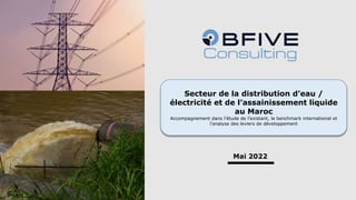 Etude sur le secteur de l’eau, électricité et assainissement au Maroc © BFIVE Consulting 2022.All rights reserved
Secteur de la distribution d’eau /
électricité et de l’assainissement liquide
au Maroc
Accompagnement dans l’étude de l’existant, le benchmark international et
l’analyse des leviers de développement
Mai 2022
1
 