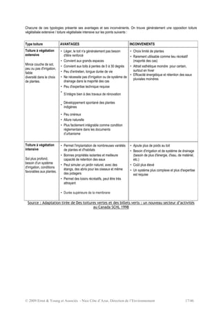 © 2009 Ernst & Young et Associés - Nice Côte d’Azur, Direction de l’Environnement 17/46
Chacune de ces typologies présente ses avantages et ses inconvénients. On trouve généralement une opposition toiture
végétalisée extensive / toiture végétalisée intensive sur les points suivants :
Type toiture AVANTAGES INCONVENIENTS
Toiture à végétation
extensive
Mince couche de sol,
peu ou pas d'irrigation,
faible
diversité dans le choix
de plantes.
• Léger, le toit n'a généralement pas besoin
d'être renforcé
• Convient aux grands espaces
• Convient aux toits à pentes de 0 à 30 degrés
• Peu d'entretien, longue durée de vie
• Ne nécessite pas d'irrigation ou de système de
drainage dans la majorité des cas
• Peu d'expertise technique requise
•
•
S’intègre bien à des travaux de rénovation
Développement spontané des plantes
indigènes
• Peu onéreux
• Allure naturelle
• Plus facilement intégrable comme condition
règlementaire dans les documents
d’urbanisme
• Choix limité de plantes
• Rarement utilisable comme lieu récréatif
(majorité des cas)
•
•
Attrait esthétique moindre pour certain,
surtout en hiver
Efficacité énergétique et rétention des eaux
pluviales moindres
Toiture à végétation
intensive
Sol plus profond,
besoin d'un système
d'irrigation, conditions
favorables aux plantes.
• Permet l'implantation de nombreuses variétés
de plantes et d'habitats
• Bonnes propriétés isolantes et meilleure
capacité de retention des eaux
• Peut simuler un jardin naturel, avec des
étangs, des abris pour les oiseaux et même
des potagers
• Permet des loisirs récréatifs, peut être très
attrayant
• Durée supérieure de la membrane
• Ajoute plus de poids au toit
• Besoin d'irrigation et de système de drainage
(besoin de plus d'énergie, d'eau, de matériel,
etc.)
• Coût plus élevé
• Un système plus complexe et plus d'expertise
est requise
Source : Adaptation tirée de Des toitures vertes et des billets verts : un nouveau secteur d’activités
au Canada SCHL 1998
 