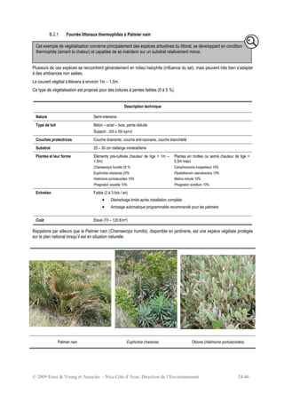© 2009 Ernst & Young et Associés - Nice Côte d’Azur, Direction de l’Environnement 24/46
B.2.1 Fourrés littoraux thermophiles à Palmier nain
Plusieurs de ces espèces se rencontrent généralement en milieu halophile (influence du sel), mais peuvent très bien s’adapter
à des ambiances non salées.
Le couvert végétal s’élèvera à environ 1m – 1,5m.
Ce type de végétalisation est proposé pour des toitures à pentes faibles (0 à 5 %).
Description technique
Nature Semi-intensive
Type de toit Béton – acier – bois, pente réduite
Support : 200 à 350 kg/m2
Couches protectrices Couche drainante, couche anti-racinaire, couche étanchéité
Substrat 25 – 30 cm mélange minéral/terre
Plantes et leur forme Eléments pré-cultivés (hauteur de tige = 1m –
1,5m)
Chamaerops humilis 20 %
Euphorbia characias 20%
Halimione portulacoides 10%
Phagnalon saxatile 10%
Plantes en mottes ou semis (hauteur de tige =
0,5m max)
Camphorosma mospeliaca 10%
Pipatatherum caerulescens 10%
Melica minuta 10%
Phagnalon sorditum 10%
Entretien Faible (2 à 3 fois / an)
• Dèsherbage limité après installation complète
• Arrosage automatique programmable recommandé pour les palmiers
Coût Elevé (70 – 120 €/m²)
Rappelons par ailleurs que le Palmier nain (Chamaerops humilis), disponible en jardinerie, est une espèce végétale protégée
sur le plan national lorsqu’il est en situation naturelle.
Palmier nain Euphorbia characias Obione (Halimione portulacoides)
Cet exemple de végétalisation concerne principalement des espèces arbustives du littoral, se développant en condition
thermophile (aimant la chaleur) et capables de se maintenir sur un substrat relativement mince.
 