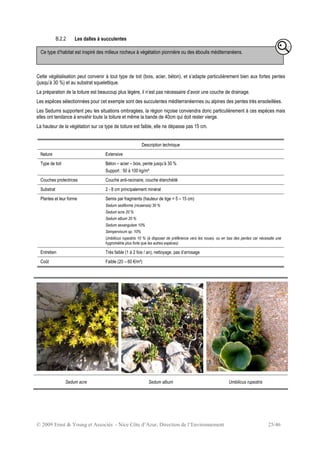 © 2009 Ernst & Young et Associés - Nice Côte d’Azur, Direction de l’Environnement 25/46
B.2.2 Les dalles à succulentes
Cette végétalisation peut convenir à tout type de toit (bois, acier, béton), et s’adapte particulièrement bien aux fortes pentes
(jusqu’à 30 %) et au substrat squelettique.
La préparation de la toiture est beaucoup plus légère, il n’est pas nécessaire d’avoir une couche de drainage.
Les espèces sélectionnées pour cet exemple sont des succulentes méditerranéennes ou alpines des pentes très ensoleillées.
Les Sedums supportent peu les situations ombragées, la région niçoise conviendra donc particulièrement à ces espèces mais
elles ont tendance à envahir toute la toiture et même la bande de 40cm qui doit rester vierge.
La hauteur de la végétation sur ce type de toiture est faible, elle ne dépasse pas 15 cm.
Description technique
Nature Extensive
Type de toit Béton – acier – bois, pente jusqu’à 30 %
Support : 50 à 100 kg/m²
Couches protectrices Couche anti-racinaire, couche étanchéité
Substrat 2 - 8 cm principalement minéral
Plantes et leur forme Semis par fragments (hauteur de tige = 5 – 15 cm)
Sedum sediforme (nicaensis) 30 %
Sedum acre 20 %
Sedum album 20 %
Sedum sexangulare 10%
Sempervivum sp. 10%
Umbilicus rupestris 10 % (à disposer de préférence vers les noues, ou en bas des pentes car nécessite une
hygrométrie plus forte que les autres espèces)
Entretien Très faible (1 à 2 fois / an), nettoyage, pas d’arrosage
Coût Faible (20 – 60 €/m²)
Sedum acre Sedum album Umbilicus rupestris
Ce type d’habitat est inspiré des milieux rocheux à végétation pionnière ou des éboulis méditerranéens.
 
