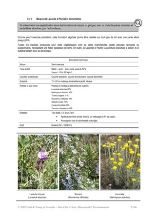 © 2009 Ernst & Young et Associés - Nice Côte d’Azur, Direction de l’Environnement 27/46
B.2.4 Maquis de Lavande à Plumet et Immortelles
Comme pour l’exemple précédent, cette formation végétale pourra être réalisée sur tout type de toit avec une pente allant
jusqu’à 20%.
Toutes les espèces proposées pour cette végétalisation sont de petits chaméphytes (petits arbustes rampants ou
buissonnants) nécessitant une faible épaisseur de terre. En outre, la Lavande à Plumet (Lavandula stoechas) a besoin d’un
substrat alcalin pour se développer.
Description technique
Nature Semi-intensive
Type de toit Béton – acier – bois, pente jusqu’à 20 %
Support : 100 à 300 kg/m2
Couches protectrices Couche drainante, couche anti-racinaire, couche étanchéité
Substrat 15 - 20 cm mélange minéral/terre plutôt siliceux
Plantes et leur forme Plantes en mottes ou éléments pré-cultivés
Lavandula stoechas 30%
Helichrysum stoechas 20%
Thymus vulgaris 10 %
Rosmarinus officinalis 10%
Sthaelina dubia 10 %
Fumana thymifolia 10%
Teucrium chamaedrys 10%
Entretien Très faible (1 à 2 fois / an)
• Après la première année, limité à un nettoyage en fin de saison.
• Arrosage en cas de sécheresse prolongée.
Coût Modéré (50 – 100 €/m²)
Lavande à toupet
(Lavandula stoechas)
Romarin
(Rosmarinus officinalis)
Immortelle
(Helichrysum stoechas)
Ce milieu traduit une végétalisation issue des formations de maquis ou garrigue, avec un choix d’espèces odorantes et
nectarifères attractives pour l’entomofaune.
 