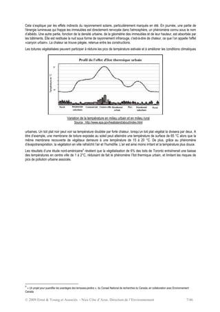 © 2009 Ernst & Young et Associés - Nice Côte d’Azur, Direction de l’Environnement 7/46
Cela s’explique par les effets indirects du rayonnement solaire, particulièrement marqués en été. En journée, une partie de
l'énergie lumineuse qui frappe les immeubles est directement renvoyée dans l'atmosphère, un phénomène connu sous le nom
d’albédo. Une autre partie, fonction de la densité urbaine, de la géométrie des immeubles et de leur hauteur, est absorbée par
les bâtiments. Elle est restituée la nuit sous forme de rayonnement infrarouge, c'est-à-dire de chaleur, ce que l’on appelle l'effet
«canyon urbain». La chaleur se trouve piégée, retenue entre les constructions.
Les toitures végétalisées peuvent participer à réduire les pics de température estivale et à améliorer les conditions climatiques
urbaines. Un toit plat noir peut voir sa température doublée par forte chaleur, lorsqu’un toit plat végétal la divisera par deux. A
titre d’exemple, une membrane de toiture exposée au soleil peut atteindre une température de surface de 65 °C alors que la
même membrane recouverte de végétaux demeure à une température de 15 à 20 °C. De plus, grâce au phénomène
d’évapotranspiration, la végétation en ville rafraîchit l’air et l’humidifie. L’air est ainsi moins irritant et la température plus douce.
Les résultats d’une étude nord-américaine8
révèlent que la végétalisation de 6% des toits de Toronto entraînerait une baisse
des températures en centre ville de 1 à 2°C, réduisant de fait le phénomène l’îlot thermique urbain, et limitant les risques de
pics de pollution urbaine associés.
8
« Un projet pour quantifier les avantages des terrasses-jardins », du Conseil National de recherches du Canada, en collaboration avec Environnement
Canada
Variation de la température en milieu urbain et en milieu rural
Source : http://www.epa.gov/heatisland/about/index.html
29°
33°
Température
en
°C
 