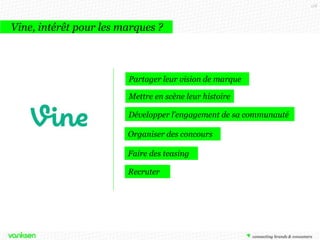 118

Vine, intérêt pour les marques ?

Partager leur vision de marque

Mettre en scène leur histoire
Développer l’engagement de sa communauté
Organiser des concours

Faire des teasing
Recruter

 