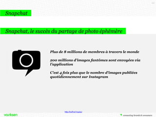 121

Snapchat
Snapchat, le succès du partage de photo éphémère

Plus de 8 millions de membres à travers le monde
200 millions d’images fantômes sont envoyées via
l’application
C’est 4 fois plus que le nombre d'images publiées
quotidiennement sur Instagram

http://huff.to/1cqJizJ

 