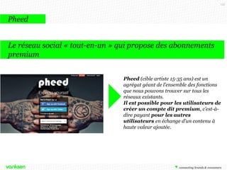 135

Pheed
Le réseau social « tout-en-un » qui propose des abonnements
premium
Pheed (cible artiste 15-35 ans) est un
agrégat géant de l’ensemble des fonctions
que nous pouvons trouver sur tous les
réseaux existants.
Il est possible pour les utilisateurs de
créer un compte dit premium, c’est-àdire payant pour les autres
utilisateurs en échange d’un contenu à
haute valeur ajoutée.

 