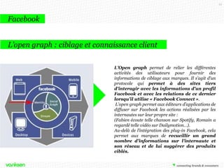 25

Facebook
L’open graph : ciblage et connaissance client
L’Open graph permet de relier les différentes
activités des utilisateurs pour fournir des
informations de ciblage aux marques. Il s’agit d’un
protocole qui permet à des sites tiers
d'interagir avec les informations d'un profil
Facebook et avec les relations de ce dernier
lorsqu’il utilise « Facebook Connect ».
L’open graph permet aux éditeurs d’applications de
diffuser sur Facebook les actions réalisées par les
internautes sur leur propre site :
(Fabien écoute telle chanson sur Spotify, Romain a
regardé telle vidéo sur Dailymotion…).
Au-delà de l’intégration des plug-in Facebook, cela
permet aux marques de recueillir un grand
nombre d’informations sur l’internaute et
son réseau et de lui suggérer des produits
ciblés.

 