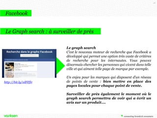 26

Facebook
Le Graph search : à surveiller de près
Le graph search
C’est le nouveau moteur de recherche que Facebook a
développé qui permet une option très vaste de critères
de recherche pour les internautes. Vous pouvez
désormais chercher les personnes qui vivent dans telle
ville et qui aiment telle page de marque par exemple.

http://bit.ly/1dFFfir

Un enjeu pour les marques qui disposent d’un réseau
de points de vente : bien mettre en place des
pages locales pour chaque point de vente.
Surveiller de près également le moment où le
graph search permettra de voir qui a écrit un
avis sur un produit….

 