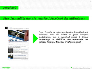 28

Facebook
Plus d’actualités dans le newsfeed Facebook des utilisateurs

Pour répondre au mieux aux besoins des utilisateurs,
Facebook vient de mettre en place quelques
modifications sur le newsfeed visant à donner
davantage de visibilité aux actualités des
médias (comme les sites d’information).

 
