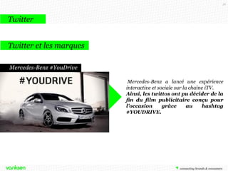36

Twitter
Twitter et les marques
Mercedes-Benz #YouDrive
Mercedes-Benz a lancé une expérience
interactive et sociale sur la chaîne iTV.
Ainsi, les twittos ont pu décider de la
fin du film publicitaire conçu pour
l’occasion
grâce
au
hashtag
#YOUDRIVE.

 