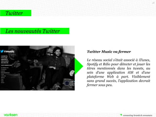 38

Twitter
Les nouveautés Twitter

Twitter Music va fermer
Le réseau social s’était associé à iTunes,
Spotify et Rdio pour détecter et jouer les
titres mentionnés dans les tweets, au
sein d'une application iOS et d'une
plateforme Web à part. Visiblement
sans grand succès, l’application devrait
fermer sous peu.

 