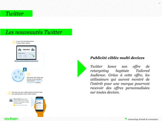 41

Twitter
Les nouveautés Twitter

Publicité ciblée multi devices
Twitter
lance
son
offre
de
retargeting
baptisée
Tailored
Audience. Grâce à cette offre, les
utilisateurs qui auront montré de
l’intérêt pour une marque pourront
recevoir des offres personnalisées
sur toutes devices.

 