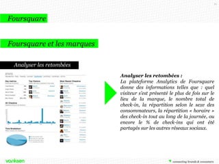 61

Foursquare
Foursquare et les marques
Analyser les retombées
Analyser les retombées :
La plateforme Analytics de Foursquare
donne des informations telles que : quel
visiteur s’est présenté le plus de fois sur le
lieu de la marque, le nombre total de
check-in, la répartition selon le sexe des
consommateurs, la répartition « horaire »
des check-in tout au long de la journée, ou
encore le % de check-ins qui ont été
partagés sur les autres réseaux sociaux.

 