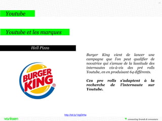 77

Youtube
Youtube et les marques
Hell Pizza
Burger King vient de lancer une
campagne que l’on peut qualifier de
novatrice qui s’amuse de la lassitude des
internautes vis-à-vis des pré rolls
Youtube, en en produisant 64 différents.
Ces pre rolls
recherche
de
Youtube.

http://bit.ly/1dgDiHw

s’adaptent à la
l’internaute
sur

 