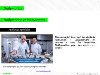 83

Dailymotion
Dailymotion et les marques
Publicités spéciales
Danone a fait interagir les chefs de
l’émission
«
Cauchemars
en
cuisine » avec les bannières
Dailymotion pour les mettre en
avant.

Une campagne qui joue avec la pub pour Danette…
http://bit.ly/1kgbxaU

 