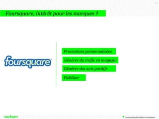 64

Foursquare
Foursquare et les marques
Arrivée de la publicité ciblée
Foursquare annonce en octobre
2013 le lancement de Foursquare
Ads : publicités ciblées pour petits
commerçants

 
