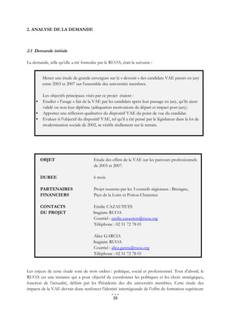 2. ANALYSE DE LA DEMANDE



2.1 Demande initiale

La demande, telle qu’elle a été formulée par le RUOA, était la suivante :


         Mener une étude de grande envergure sur le « devenir » des candidats VAE passés en jury
         entre 2003 et 2007 sur l’ensemble des universités membres.

         Les objectifs principaux visés par ce projet étaient :
        Etudier « l’usage » fait de la VAE par les candidats après leur passage en jury, qu’ils aient
         validé ou non leur diplôme (adéquation motivations de départ et impact post-jury).
        Apporter une réflexion qualitative du dispositif VAE du point de vue du candidat.
        Evaluer si l’objectif du dispositif VAE, tel qu’il a été pensé par le législateur dans la loi de
         modernisation sociale de 2002, se vérifie réellement sur le terrain.




         OBJET                          Etude des effets de la VAE sur les parcours professionnels
                                        de 2003 et 2007.

         DUREE                          6 mois

         PARTENAIRES                    Projet soutenu par les 3 conseils régionaux : Bretagne,
         FINANCIERS                     Pays de la Loire et Poitou-Charentes

         CONTACTS                       Emilie CAZAUTETS
         DU PROJET                      Stagiaire RUOA
                                        Courriel : emilie.cazautets@ruoa.org
                                        Téléphone : 02 51 72 78 01

                                        Alice GARCIA
                                        Stagiaire RUOA
                                        Courriel : alice.garcia@ruoa.org
                                        Téléphone : 02 51 72 78 01


Les enjeux de cette étude sont de trois ordres : politique, social et professionnel. Tout d’abord, le
RUOA est une instance qui a pour objectif de coordonner les politiques et les choix stratégiques,
fonction de l’actualité, définis par les Présidents des dix universités membres. Cette étude des
impacts de la VAE devrait donc renforcer l’identité interrégionale de l’offre de formation supérieure

                                                    16
 