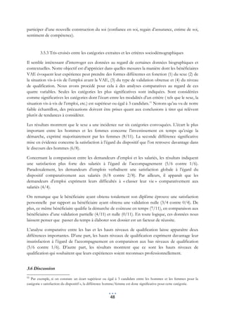 participer d’une nouvelle construction du soi (confiance en soi, regain d’assurance, estime de soi,
sentiment de compétence).


        3.5.3 Tris-croisés entre les catégories extraites et les critères sociodémographiques

Il semble intéressant d’interroger ces données au regard de certaines données biographiques et
contextuelles. Notre objectif est d’apprécier dans quelles mesures la manière dont les bénéficiaires
VAE évoquent leur expérience peut prendre des formes différentes en fonction (1) du sexe (2) de
la situation vis-à-vis de l’emploi avant la VAE, (3) du type de validation obtenue et (4) du niveau
de qualification. Nous avons procédé pour cela à des analyses comparatives au regard de ces
quatre variables. Seules les catégories les plus significatives sont indiquées. Sont considérées
comme significatives les catégories dont l’écart entre les modalités d’un critère ( tels que le sexe, la
situation vis-à-vis de l’emploi, etc.) est supérieur ou égal à 3 candidats.11 Notons qu’au vu de notre
faible échantillon, des précautions doivent être prises quant aux conclusions à tirer qui relèvent
plutôt de tendances à considérer.

Les résultats montrent que le sexe a une incidence sur six catégories convoquées. L’écart le plus
important entre les hommes et les femmes concerne l’investissement en temps qu’exige la
démarche, exprimé majoritairement par les femmes (8/11). La seconde différence significative
mise en évidence concerne la satisfaction à l’égard du dispositif que l’on retrouve davantage dans
le discours des hommes (6/8).

Concernant la comparaison entre les demandeurs d’emploi et les salariés, les résultats indiquent
une satisfaction plus forte des salariés à l’égard de l’accompagnement (5/6 contre 1/6).
Paradoxalement, les demandeurs d’emplois verbalisent une satisfaction globale à l’égard du
dispositif comparativement aux salariés (6/8 contre 2/8). Par ailleurs, il apparaît que les
demandeurs d’emploi expriment leurs difficultés à « classer leur vie » comparativement aux
salariés (4/4).

On remarque que le bénéficiaire ayant obtenu totalement son diplôme éprouve une satisfaction
personnelle par rapport au bénéficiaire ayant obtenu une validation nulle (3/4 contre 0/4). De
plus, ce même bénéficiaire qualifie la démarche de coûteuse en temps (7/11), en comparaison aux
bénéficiaires d’une validation partielle (4/11) et nulle (0/11). En toute logique, ces données nous
laissent penser que passer du temps à élaborer son dossier est un facteur de réussite.

L’analyse comparative entre les bas et les hauts niveaux de qualification laisse apparaître deux
différences importantes. D’une part, les hauts niveaux de qualification expriment davantage leur
insatisfaction à l’égard de l’accompagnement en comparaison aux bas niveaux de qualification
(5/6 contre 1/6). D’autre part, les résultats montrent que ce sont les hauts niveaux de
qualification qui souhaitent que leurs expériences soient reconnues professionnellement.


3.6 Discussion
11
   Par exemple, si on constate un écart supérieur ou égal à 3 candidats entre les hommes et les femmes pour la
catégorie « satisfaction du dispositif », la différence homme/femme est donc significative pour cette catégorie.


                                                      48
 