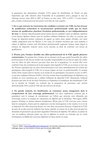 la proportion des demandeurs d’emploi (13%) parmi les bénéficiaires de l’étude est plus
importante que celle observée dans l’ensemble de la population active, puisque le taux de
chômage moyen, entre 2003 et 2007 en France, se situe entre 9,9% et 8,5%18. A cette réserve
près, certains constats peuvent être posés sur la base de cette enquête.

1. En ce qui concerne les motivations des candidats à entamer une VAE, les bas niveaux
de qualification recherchent la reconnaissance professionnelle tandis que les hauts
niveaux de qualification cherchent l’évolution professionnelle, et ceci indépendamment
du sexe. Ce dernier objectif pourrait laisser penser que les candidats visent un diplôme supérieur
à leur dernier diplôme obtenu mais les résultats semblent l’infirmer. En effet, on constate que
l’usage du dispositif permet seulement de gagner au mieux deux années d’études, ceci étant
valable uniquement pour les Masters 2. En outre, les résultats montrent que cette tendance à
utiliser le diplôme comme outil d’évolution professionnelle augmente chaque année depuis la
création du dispositif, toujours suivie et/ou associée au désir de conforter son niveau de
qualification.

2. D’autre part, l’analyse détaillée des effets professionnels de la VAE appelle plusieurs
commentaires. En premier lieu, l’analyse de ces données révèle que, parmi l’ensemble des effets
professionnels, le fait d’avoir accédé à de nouvelles responsabilités et/ou d’avoir repris des études
sont les effets les plus observés par près d’un tiers de la population. Ce second effet vient
conforter l’une des conclusions de la pré-enquête selon laquelle la VAE est un moyen et non une
fin. Notons cependant que ces deux réinvestissements sont suivis immédiatement du constat des
participants selon lesquels la VAE n’a eu aucun impact sur leur vie professionnelle. Ce résultat
mérite d’être nuancé dans la mesure où la moitié de ces participants sont passés en jury en 2007,
ce qui peut expliquer l’absence d’effets. Une fois resitués dans la problématique du législateur, ces
résultats ne nous autorisent pas à vérifier l’efficacité du dispositif VAE. Néanmoins, l’objectif
poursuivi par cette loi de favoriser l’insertion et d’optimiser la candidature des bénéficiaires VAE
sur le marché de l’emploi est conforté par la proportion de personnes sans activité
professionnelle (50%) avant la VAE qui ont retrouvé du travail.

3. En grande majorité, les bénéficiaires ne constatent aucun changement dans le
comportement de leur entourage professionnel. Les deux explications avancées par la
population sont le manque de connaissance sur l’effort que nécessite cette démarche par
l’entourage social et le manque de valorisation du diplôme par la hiérarchie. Tibi-cognet (2005)
propose d’éclairer ce dernier élément d’explication. D’une part, la VAE n’est pas assez connue
dans les entreprises, d’autre part les employeurs ont des interrogations et des craintes vis-à-vis de
ce dispositif. En effet, beaucoup d’entre eux sont dans une posture d’attente à l’égard de la VAE
de peur de ne plus pouvoir maîtriser leur masse salariale ou encore de ne plus pouvoir gérer les
demandes de promotion que pourrait engendrer l’obtention du diplôme. Par ailleurs, la crainte de
voir ses meilleurs éléments partir une fois le diplôme en poche est formulée par les chefs
d’entreprises, la fidélité des nouveaux diplômés est donc remise en cause.



18
  Source : INSEE. ( http://acdc2007.free.fr/statcho.xls). Ces données statistiques fournissent le taux de
chômage moyen sur une année en France, pour les années 2000 à 2007.

                                                       48
 