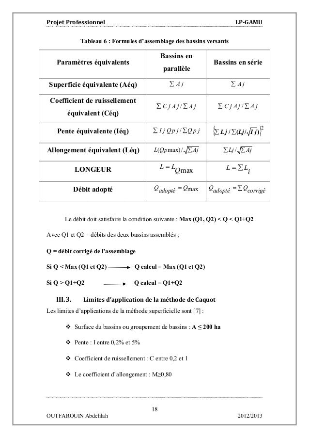 debit q formule lotissement Beni du Etude de d'assainissement et voirie