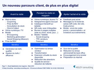 Page 11 – Etude Digitalisation des magasins – Mars 2014
© Keley Consulting - www.keley-consulting.com – 55 avenue de Breteuil 75007 PARIS, Tel +33 (0) 1 80 48 26 20
Avant la visite
 Web to store
– Couponing
– Prise de RDV
– Consultation de stock
– Click & Collect
 Vitrine numérique / TV
 Mobile
– M Couponing
– Marketing géolocalisé /
Social Shopping (iBeacon)
 Prise de RDV
 Vitrine numérique, écrans TV
 Hologramme agent d’accueil
 Catalogue interactif sur
tablette
 QR code, scan d’étiquettes
 Bornes à usages multiples
(aide au choix, achat, jeux…)
 Mobile / Tablette
– Social shopping
– TPE vendeurs
– Paiement
 Feedback post achat
 Messages sur le ticket de
caisse (QR code, lien site,
Code promo)
 Mobile : envoi de codes
promo « personnalisés » et
invitations aux événements
 Génération de trafic
qualifié
 Gestion du trafic /
affluence
 Optimisation du temps
vendeur
 Transformation
 Extension virtuelle du stock
disponible
 Réduction des abandons
 Qualité de service /
réduction de l’attente
 Suivi de la qualité
 Réduction du temps
administratif de back office
 Encouragement à la revisite
 Préparation du réachat
Bénéfice Bénéfice Bénéfice
Un nouveau parcours client, de plus en plus digital
Pendant la visite en
magasin
Après l’achat et la visite
 