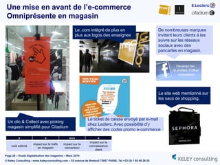 Page 29 – Etude Digitalisation des magasins – Mars 2014
© Keley Consulting - www.keley-consulting.com – 55 avenue de Breteuil 75007 PARIS, Tel +33 (0) 1 80 48 26 20
Un clic & Collect avec picking
magasin simplifié pour Citadium
Le ticket de caisse envoyé par e-mail
chez Leclerc. Avec possibilité d’y
afficher des codes promo e-commerce
Le .com intégré de plus en
plus aux logos des enseignes
Le site web mentionné sur
les sacs de shopping.
De nombreuses marques
invitent leurs clients à les
suivre sur les réseaux
sociaux avec des
pancartes en magasin.
Une mise en avant de l’e-commerce
Omniprésente en magasin
+ + +++ +
coût estimé
impact sur le trafic
en magasin
impact sur la
conversion
impact sur la
connaissance
client
 