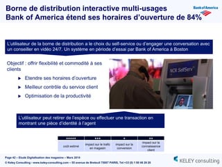 Page 42 – Etude Digitalisation des magasins – Mars 2014
© Keley Consulting - www.keley-consulting.com – 55 avenue de Breteuil 75007 PARIS, Tel +33 (0) 1 80 48 26 20
L’utilisateur de la borne de distribution a le choix du self-service ou d’engager une conversation avec
un conseiller en vidéo 24/7. Un système en période d’essai par Bank of America à Boston
Objectif : offrir flexibilité et commodité à ses
clients
 Etendre ses horaires d’ouverture
 Meilleur contrôle du service client
 Optimisation de la productivité
Borne de distribution interactive multi-usages
Bank of America étend ses horaires d’ouverture de 84%
L’utilisateur peut retirer de l’espèce ou effectuer une transaction en
montrant une pièce d’identité à l’agent
+++++ +++ + ++
coût estimé
impact sur le trafic
en magasin
impact sur la
conversion
impact sur la
connaissance
client
 