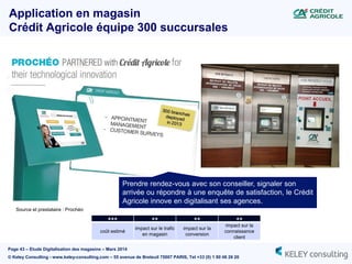 Page 43 – Etude Digitalisation des magasins – Mars 2014
© Keley Consulting - www.keley-consulting.com – 55 avenue de Breteuil 75007 PARIS, Tel +33 (0) 1 80 48 26 20
Source et prestataire : Prochéo
Application en magasin
Crédit Agricole équipe 300 succursales
Prendre rendez-vous avec son conseiller, signaler son
arrivée ou répondre à une enquête de satisfaction, le Crédit
Agricole innove en digitalisant ses agences.
+++ ++ ++ ++
coût estimé
impact sur le trafic
en magasin
impact sur la
conversion
impact sur la
connaissance
client
 