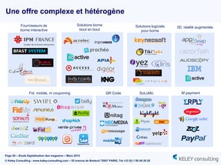 Page 50 – Etude Digitalisation des magasins – Mars 2014
© Keley Consulting - www.keley-consulting.com – 55 avenue de Breteuil 75007 PARIS, Tel +33 (0) 1 80 48 26 20
Fournisseurs de
borne interactive
Solutions logiciels
pour borne
3D, réalité augmentée
Fid. mobile, m couponing
Solutions borne
bout en bout
SoLoMoQR Code M payment
Une offre complexe et hétérogène
Mapetiteville
 