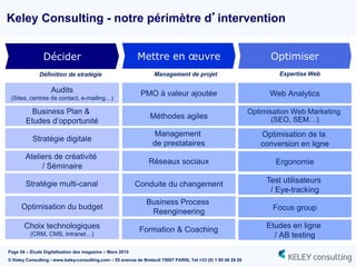 Page 54 – Etude Digitalisation des magasins – Mars 2014
© Keley Consulting - www.keley-consulting.com – 55 avenue de Breteuil 75007 PARIS, Tel +33 (0) 1 80 48 26 20
Keley Consulting - notre périmètre d’intervention
Décider
Ateliers de créativité
/ Séminaire
Audits
(Sites, centres de contact, e-mailing…)
PMO à valeur ajoutée
Choix technologiques
(CRM, CMS, Intranet…)
Optimisation du budget
Stratégie digitale
Stratégie multi-canal
Business Plan &
Etudes d’opportunité
Mettre en œuvre Optimiser
Ergonomie
Optimisation Web Marketing
(SEO, SEM…)
Etudes en ligne
/ AB testing
Test utilisateurs
/ Eye-tracking
Optimisation de la
conversion en ligne
Focus group
Web Analytics
Définition de stratégie Expertise WebManagement de projet
Business Process
Reengineering
Conduite du changement
Formation & Coaching
Management
de prestataires
Réseaux sociaux
Méthodes agiles
 