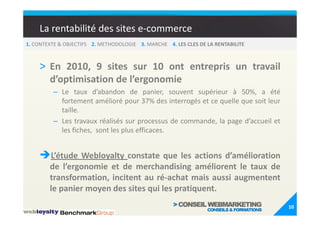La rentabilité des sites e-commerce
1. CONTEXTE & OBJECTIFS 2. METHODOLOGIE 3. MARCHE 4. LES CLES DE LA RENTABILITE



    > En 2010, 9 sites sur 10 ont entrepris un travail
        d’optimisation de l’ergonomie
         – Le taux d’abandon de panier, souvent supérieur à 50%, a été
           fortement amélioré pour 37% des interrogés et ce quelle que soit leur
           taille.
         – Les travaux réalisés sur processus de commande, la page d’accueil et
           les fiches, sont les plus efficaces.


        L’étude Webloyalty constate que les actions d’amélioration
        de l’ergonomie et de merchandising améliorent le taux de
        transformation, incitent au ré-achat mais aussi augmentent
        le panier moyen des sites qui les pratiquent.
                                                                                   10
 
