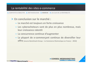 La rentabilité des sites e-commerce
1. CONTEXTE & OBJECTIFS 2. METHODOLOGIE 3. MARCHE 4. LES CLES DE LA RENTABILITE



    > En conclusion sur le marché :
         – Le marché est toujours en forte croissance
         – Les cyberacheteurs sont de plus en plus nombreux, mais
           leur croissance ralentit
         – La concurrence continue d’augmenter
         – La plupart de e-commerçant continue de diversifier leur
           offre (source Benchmark Group – Le Commerce Electronique en France – 2010)




                                                                                        9
 