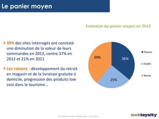 7
Evolution du panier moyen en 2013
Le panier moyen
 39% des sites interrogés ont constaté
une diminution de la valeur de leurs
commandes en 2013, contre 37% en
2012 et 21% en 2011
Les raisons : développement du retrait
en magasin et de la livraison gratuite à
domicile, progression des produits low
cost dans le tourisme…
36%
25%
39%
Hausse
Stable
Baisse
CCM Benchmark / Webloyalty – Juin 2014
 
