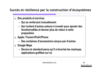 Succès et résilience par la construction d’écosystèmes

     Des produits et services
      – Qui se renforcent mutuellement
      – Qui incitent d’autres acteurs à investir pour ajouter des
        fonctionnalités et donner plus de valeur à notre
        proposition
     Apple: iTunes+iPod+iPhone
      – Des centaines d’accessoires conçus par d’autres
     Google Maps
      – Devenu le standard parce qu’il a favorisé les mashups,
        applications greffées sur lui


                            dalloz@dalloz.com                       30
 