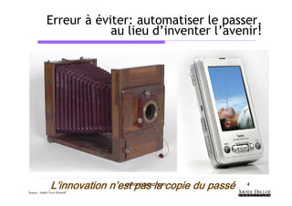 Erreur à éviter: automatiser le passer,
                         au lieu d’inventer l’avenir!




                L’innovation n’est pas la copie du passé
Source : André-Yves Portnoff
                             n’ dalloz@dalloz.com  passé   4
 