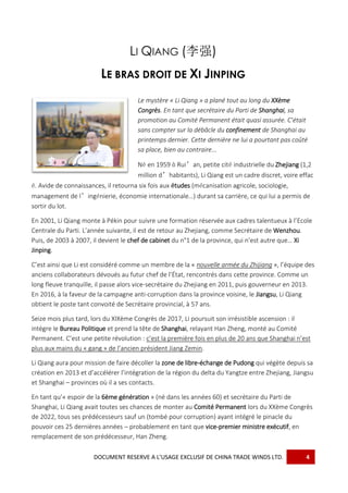 DOCUMENT RESERVE A L’USAGE EXCLUSIF DE CHINA TRADE WINDS LTD. 4
LI QIANG (李强)
LE BRAS DROIT DE XI JINPING
Le mystère « Li ...