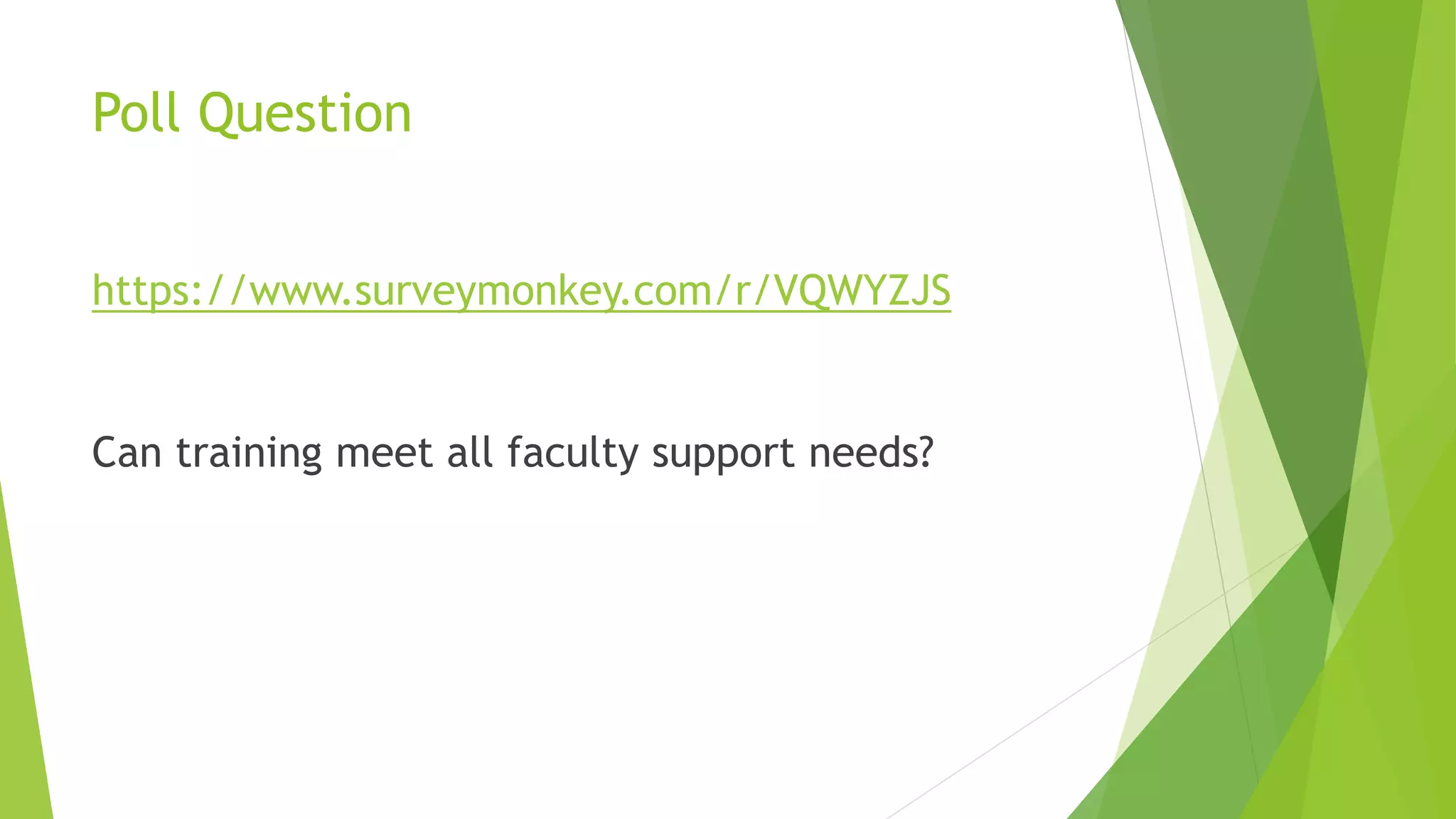 Poll Question
https://www.surveymonkey.com/r/VQWYZJS
Can training meet all faculty support needs?
 