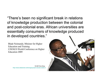 University of Cape Town : from - http://en.wikipedia.org/wiki/University_of_Cape_Town




Informal Settlement : from - http://www.flickr.com/photos/54357435@N00/1093665713 Author: http://creativecommons.org/licenses/by-nc-sa/2.0/deed.en_CA
 